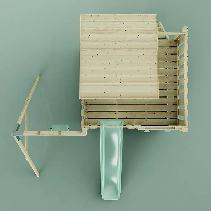 OutdoorToys Kinderspielturm Alma - L x B x H: 306 x 415 x 260 cm, Grün - Draufsicht auf ein Spielgerüst aus Naturholz mit transparenter grüner Rutsche und hellgrüner Schaukel.