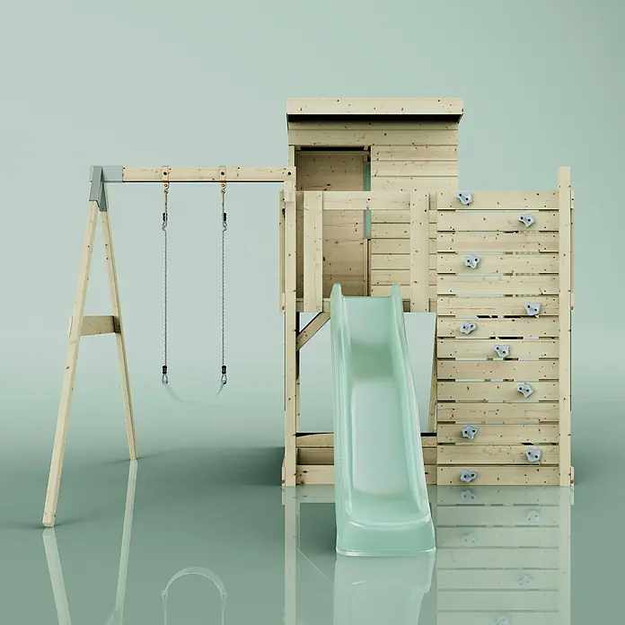OutdoorToys Kinderspielturm Alma - L x B x H: 306 x 415 x 260 cm, Grün - Hölzernes Kinderspielplatz-Set mit Schaukel, grüner Rutsche, Kletterwand und Spielturm.