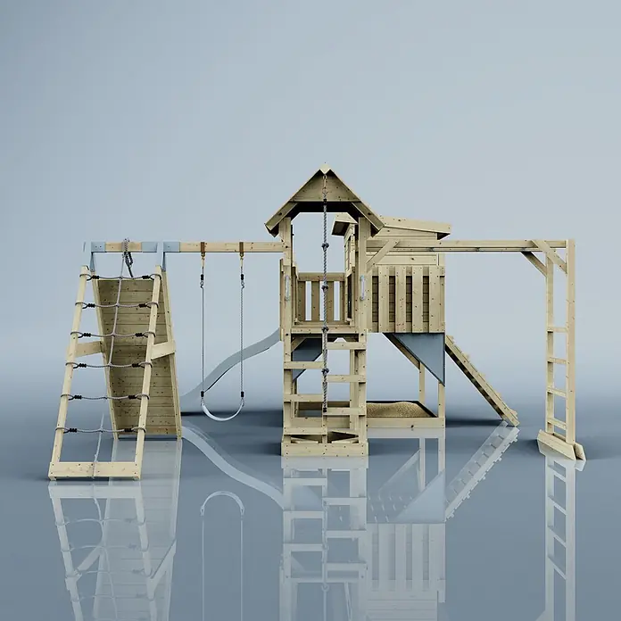 OutdoorToys Kinderspielturm Polarplay Bene - L x B x H: 490 x 503 x 274 cm, Blau - Naturholz-Spielplatz mit Kletternetz, Rutsche, Schaukeln und Leitern.