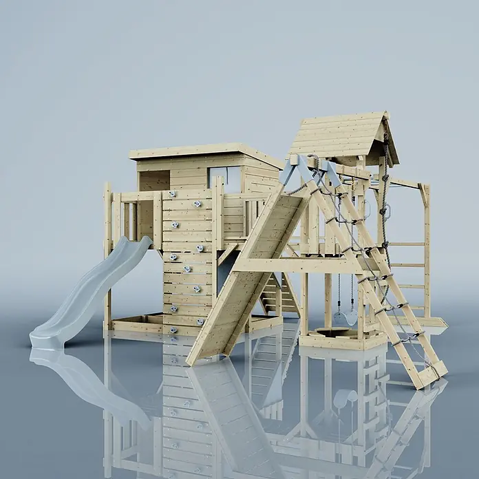 OutdoorToys Kinderspielturm Polarplay Bene - L x B x H: 490 x 503 x 274 cm, Blau - Hölzernes Kinderspielgerüst mit grauer Rutsche, Kletterwand, Strickleiter und Schaukeln.