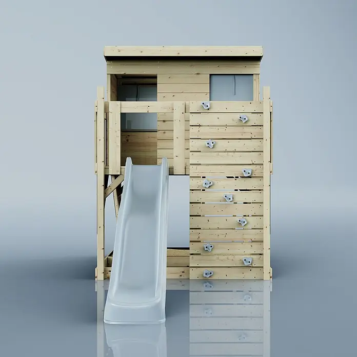 OutdoorToys Kinderspielturm Stelzenhaus Polarstern - L x B x H: 190 x 415 x 260 cm, Blau - Hölzernes Spielhaus mit grauer Rutsche und Kletterwand mit weißen Griffen.