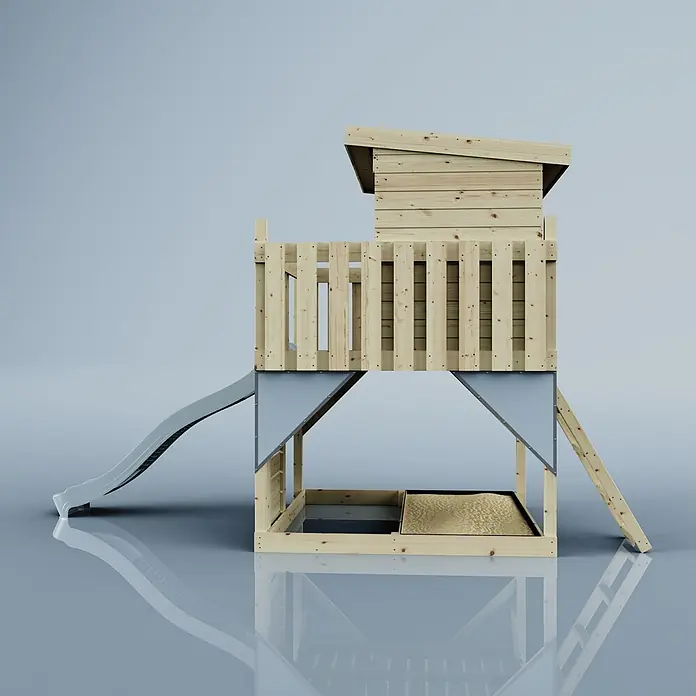OutdoorToys Kinderspielturm Stelzenhaus Polarstern - L x B x H: 190 x 415 x 260 cm, Blau - Erhöhtes Holzspielhaus mit grauer Rutsche und integriertem Sandkasten darunter. Mit kleinem Spielhaus und Leiter.