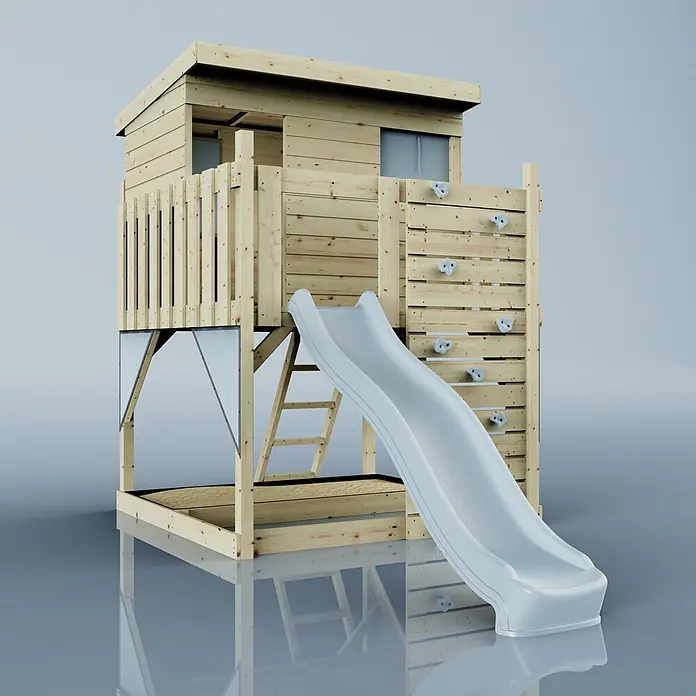 OutdoorToys Kinderspielturm Stelzenhaus Polarstern - L x B x H: 190 x 415 x 260 cm, Blau - Hölzernes Hochspielhaus mit hellgrauer Rutsche, Kletterwand und Sandkastenbereich darunter.