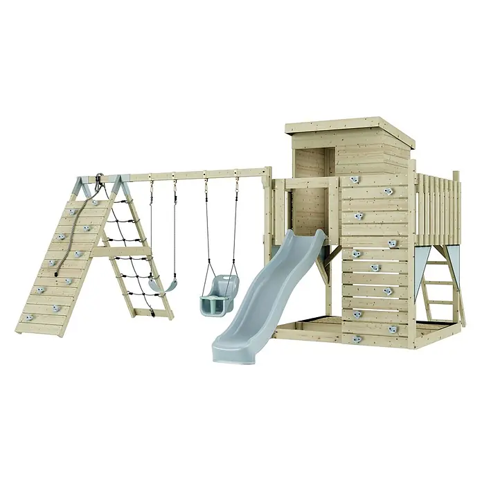 OutdoorToys Kinderspielturm Frida - L x B x H: 468 x 414 x 260 cm, Blau - Holzspielplatz für Kinder mit Spielhaus, Rutsche, Schaukeln, Kletterwand und Strickleiter.