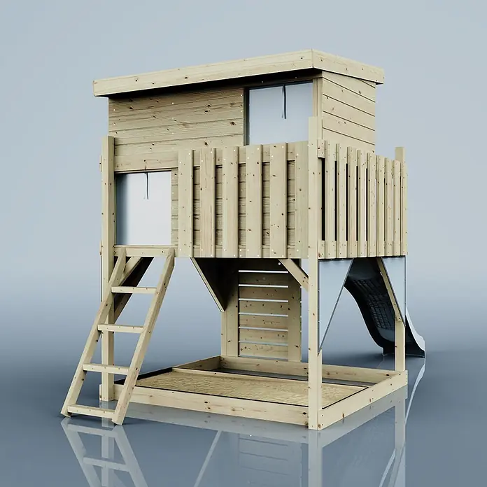 OutdoorToys Kinderspielturm Stelzenhaus Polarstern - L x B x H: 190 x 415 x 260 cm, Blau - Hölzernes Kinderspielhaus mit Leiter, Rutsche und integriertem Sandkasten.