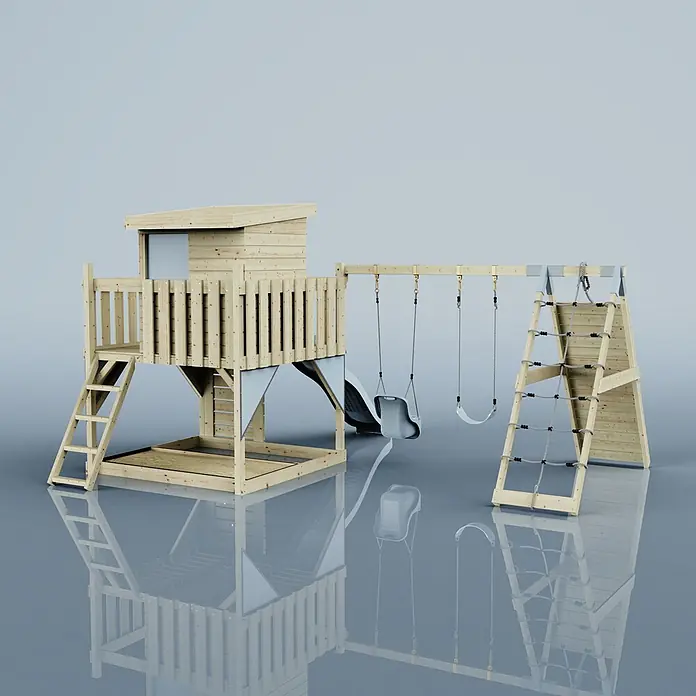 OutdoorToys Kinderspielturm Frida - L x B x H: 468 x 414 x 260 cm, Blau - Hölzernes Spielgerüst mit Spielturm, Rutsche, Schaukeln (Babyschaukel, normale Schaukel), Kletternetz und Sandkasten für Kinder.