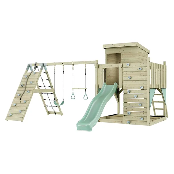 OutdoorToys Kinderspielturm Frida Trapezstange; - Holz, Grün - Spielturm aus Holz mit Rutsche, Schaukeln, Kletterwand und Seilleiter.