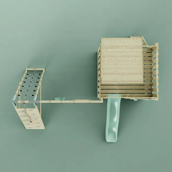 OutdoorToys Kinderspielturm Frida Trapezstange; - Holz, Grün - Hölzernes Outdoor-Spielgerät mit Kletterwand, Seilnetz, Brücke, Spielhaus und Rutsche.