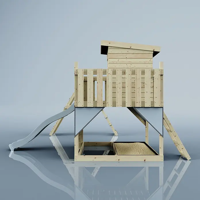 OutdoorToys Kinderspielturm Frida Kinderschaukel; - Holz, Blau - Hölzernes Spielgerüst mit erhöhter Plattform, grauer Rutsche und Sandkasten darunter.