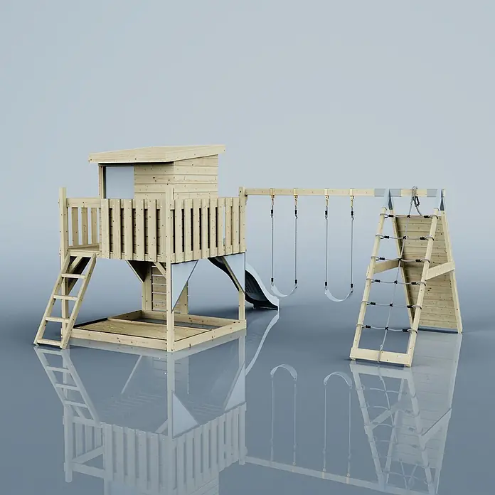 OutdoorToys Kinderspielturm Frida Kinderschaukel; - Holz, Blau - Spielturm aus Holz mit Rutsche, Schaukeln und Kletternetz.