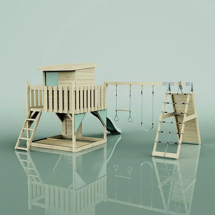 OutdoorToys Kinderspielturm Frida Trapezstange; - Holz, Grün - Spielplatz aus Naturholz mit Spielhaus, Rutsche, Sandkasten, Leiter, Schaukeln, Turnringen und Kletternetz. Akzente in Mintgrün.