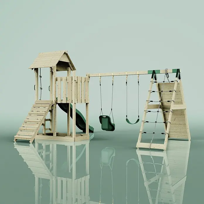 OutdoorToys Kinderspielturm Roskilde - L x B x H: 357 x 451 x 274 cm, Grün - Spielturm aus Holz mit grüner Rutsche, zwei Schaukeln, Kletternetz und Turm mit Leiter.