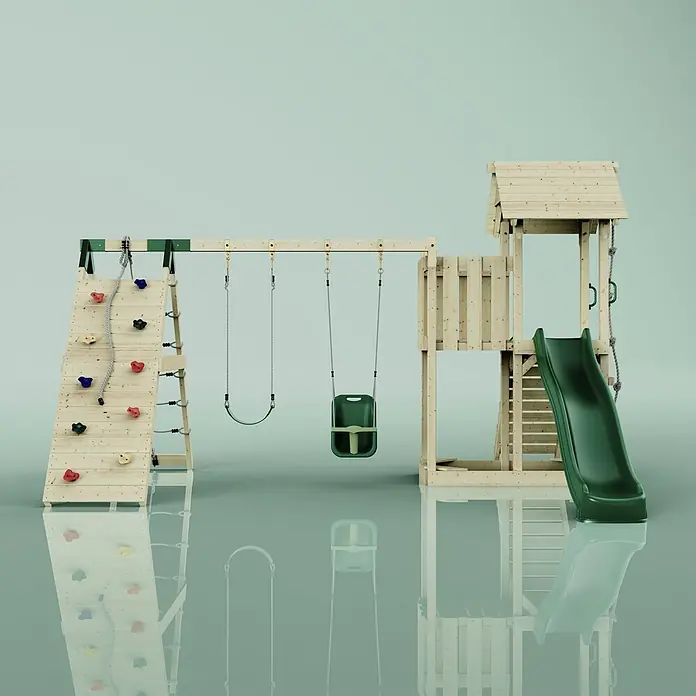 OutdoorToys Kinderspielturm Roskilde - L x B x H: 357 x 451 x 274 cm, Grün - Holzspielplatz mit Kletterwand, zwei grünen Schaukeln und einer grünen Rutsche.