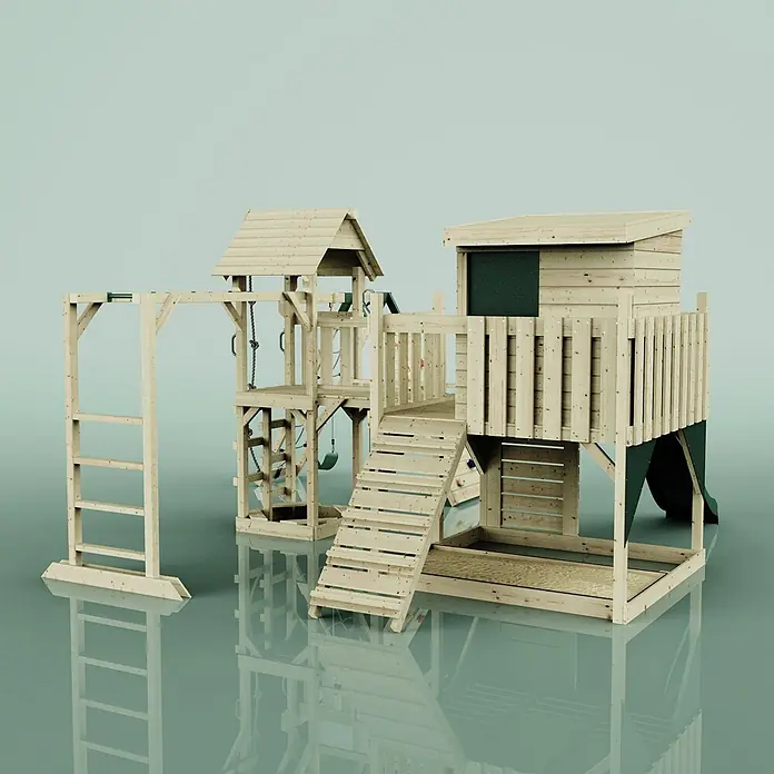 OutdoorToys Kinderspielturm Tessa Kinderschaukel; - Holz, Grün - Hölzernes Spielturm-Set für den Garten mit Rutsche, Schaukeln, Kletterwand, Leiter und Sandkasten für Kinder.