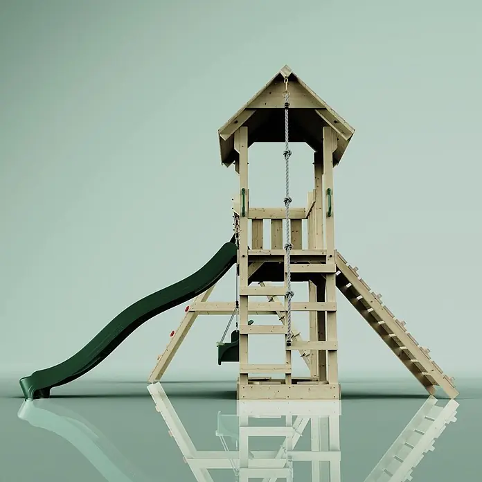 OutdoorToys Kinderspielturm Roskilde - L x B x H: 357 x 451 x 274 cm, Grün - Hölzernes Spielset mit grüner Rutsche, Seilleiter und Holzleiter, für Kinderspiele im Freien.