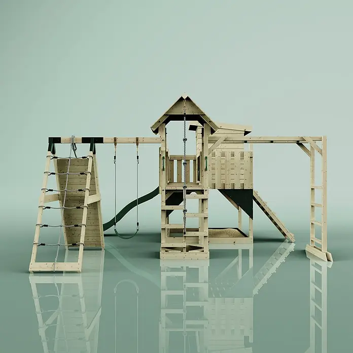 OutdoorToys Kinderspielturm Tessa Kinderschaukel; - Holz, Grün - Spielturm aus Holz mit Rutsche, zwei Schaukeln, Kletterseil und Strickleiter.