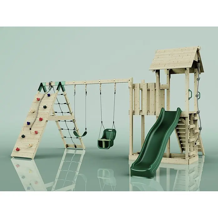 OutdoorToys Kinderspielturm Roskilde - L x B x H: 357 x 451 x 274 cm, Grün - Spielplatz aus Holz mit grüner Rutsche, Schaukeln, Kletterwand mit bunten Griffen und Kletternetz.