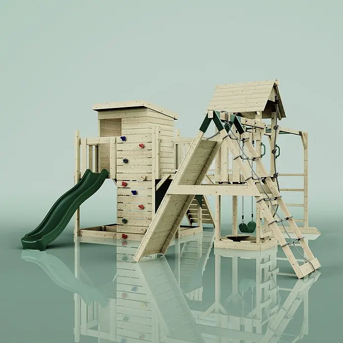 OutdoorToys Kinderspielturm Tessa Kinderschaukel; - Holz, Grün - Großes Holzspielgerät mit grüner Rutsche, Kletterwand, Schaukeln und Strickleiter für Spiel und Spaß.
