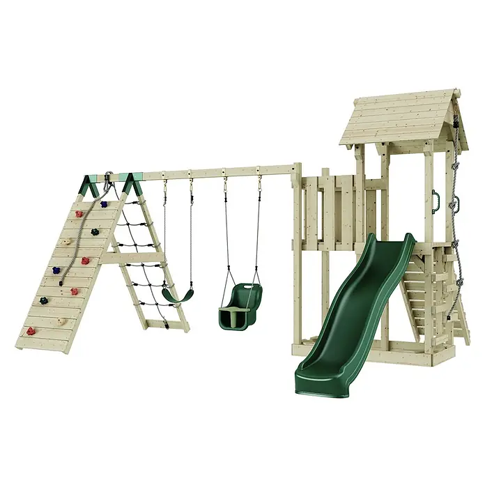 OutdoorToys Kinderspielturm Roskilde - L x B x H: 357 x 451 x 274 cm, Grün - Holzspielplatz-Set mit Kletterwand, Seilnetz, zwei grünen Schaukeln, Turm mit Rutsche und Kletterseil.