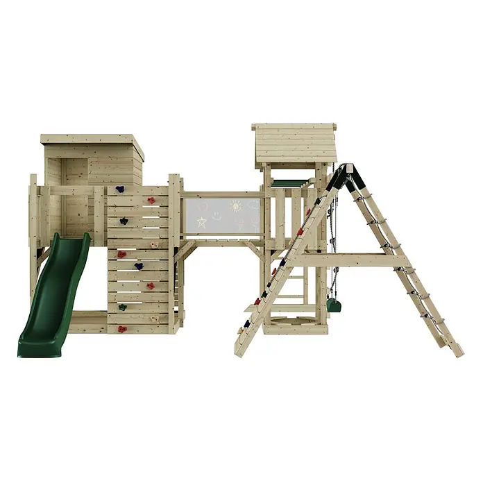 OutdoorToys Kinderspielturm Tessa Kinderschaukel; - Holz, Grün - Holzspielplatz mit grüner Rutsche, Kletterwand, Kreidetafel und Schaukeln.