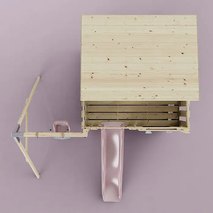 OutdoorToys Kinderspielturm Tjorven - L x B x H: 306 x 415 x 260 cm, Rosa - Hölzernes Kinderspielhaus mit rosa Rutsche und Schaukel, von oben gesehen.
