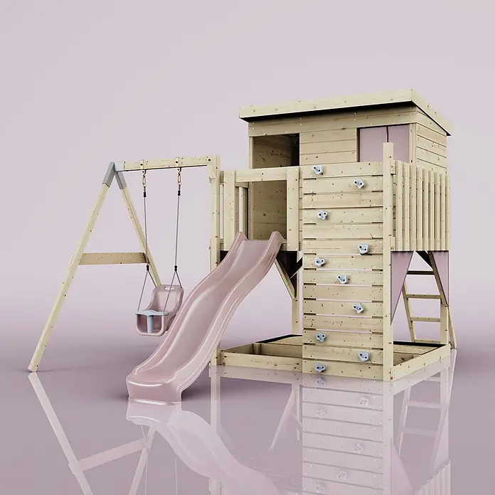 OutdoorToys Kinderspielturm Tjorven - L x B x H: 306 x 415 x 260 cm, Rosa - Hölzernes Kinderspielhaus mit rosa Rutsche, Schaukel und Kletterwand.
