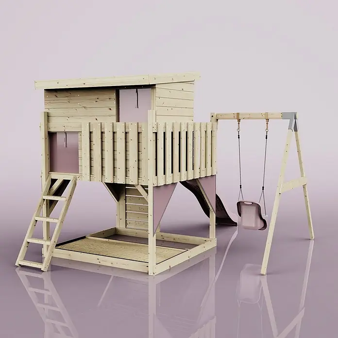 OutdoorToys Kinderspielturm Tjorven - L x B x H: 306 x 415 x 260 cm, Rosa - Hölzernes Kinderspielhaus mit Schaukel, Rutsche, Leiter und Sandkastenbereich, mit rosa Akzenten.