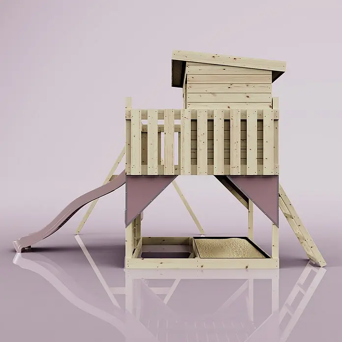 OutdoorToys Kinderspielturm Tjorven - L x B x H: 306 x 415 x 260 cm, Rosa - Hölzernes Spielhaus mit hellrosa Rutsche und integriertem Sandkasten, aus Naturholz mit dunkelrosa Akzenten.