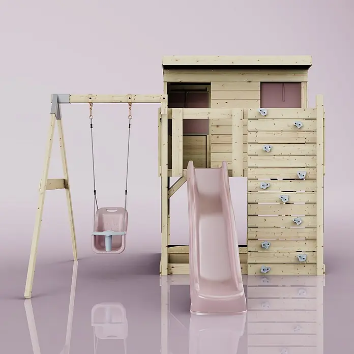 OutdoorToys Kinderspielturm Tjorven - L x B x H: 306 x 415 x 260 cm, Rosa - Holzspielplatz mit rosa Rutsche und Schaukel, mit Spielhaus und Kletterwand.