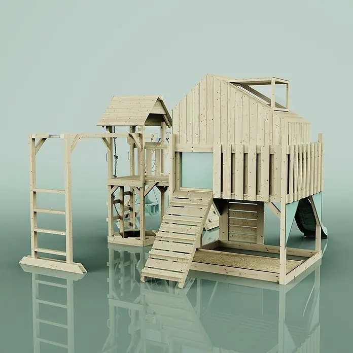 OutdoorToys Kinderspielturm Polarplay Bo - L x B x H: 490 x 503 x 291 cm, Grün - Hölzerner Kinderspielplatz mit Spielhaus, Rutsche, Sandkasten, Leiter und Klettergerüst.