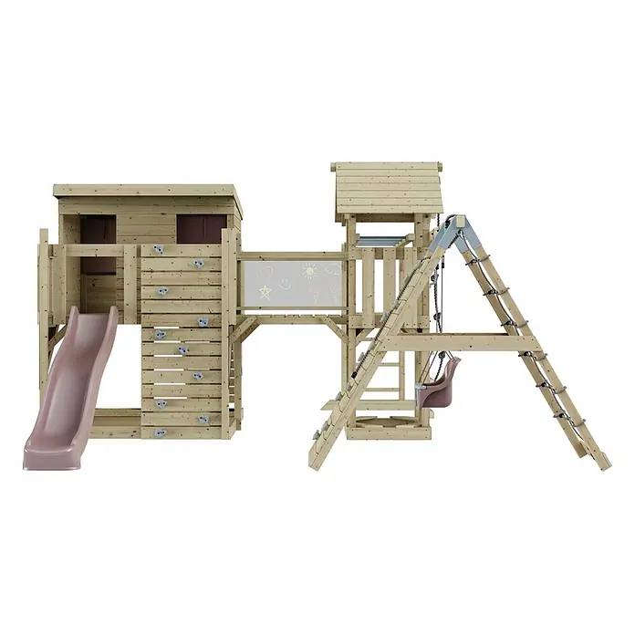 OutdoorToys Kinderspielturm Polarplay Bene - L x B x H: 490 x 503 x 274 cm, Rosa - Holzspielplatz mit rosa Rutsche, Kletterwand, Schaukel und Kreidetafel.
