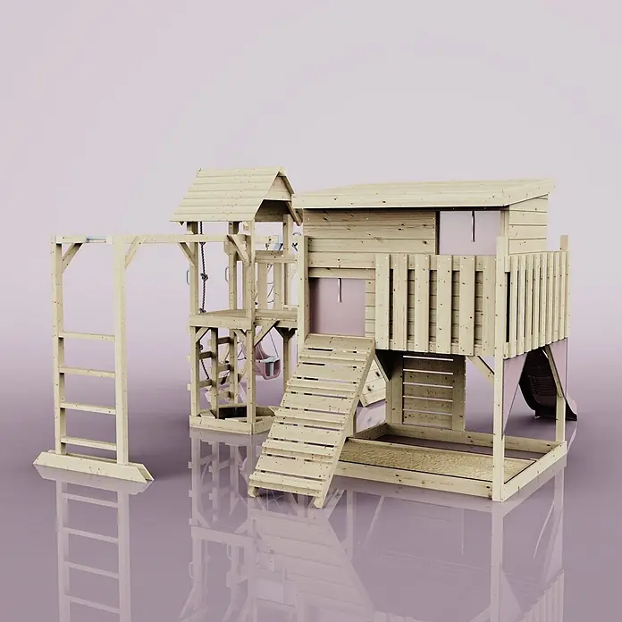 OutdoorToys Kinderspielturm Polarplay Bene - L x B x H: 490 x 503 x 274 cm, Rosa - Ein hölzernes Outdoor-Spielset mit Spielhaus, Klettergerüst, Schaukeln, Rutsche und Sandkastenbereich, mit hellrosa Akzenten.