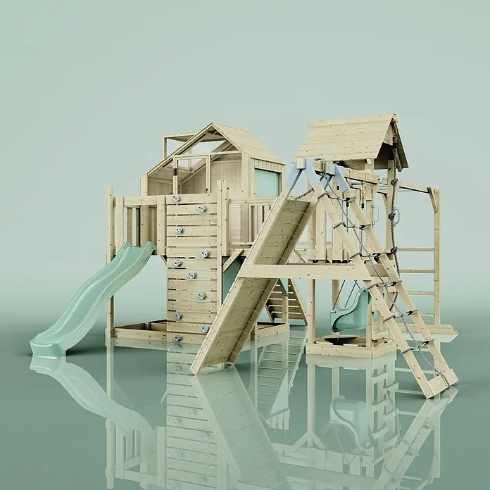 OutdoorToys Kinderspielturm Polarplay Bo - L x B x H: 490 x 503 x 291 cm, Grün - Hölzernes Spielgerät mit grüner Rutsche, Kletterwand, Strickleiter und Schaukel.