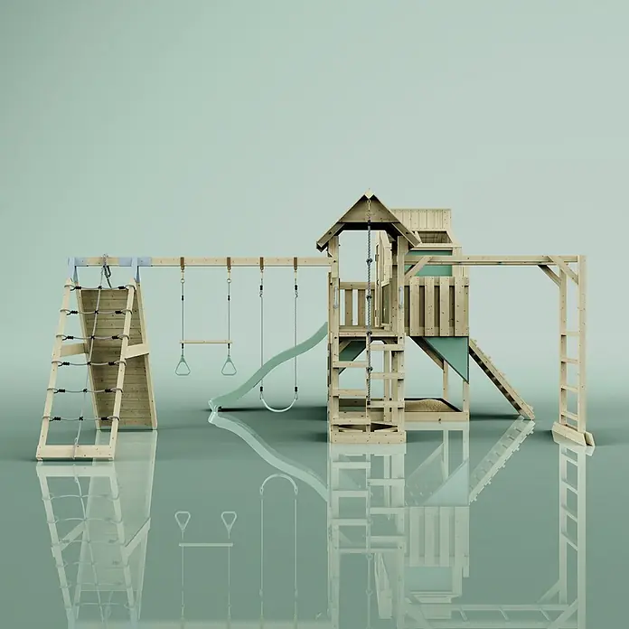 OutdoorToys Kinderspielturm Gustav Trapezschaukel; - Holz, Grün - Großer Spielplatz aus Holz mit hellgrüner Rutsche, mehreren Schaukeln, Kletterseil und Seilleiter.