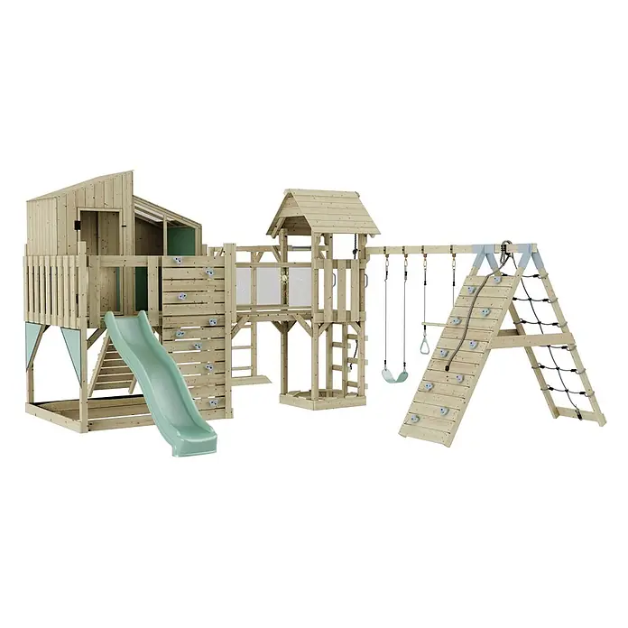 OutdoorToys Kinderspielturm Gustav Trapezschaukel; - Holz, Grün - Hölzernes Spielgerät mit hellgrüner Rutsche, Schaukeln, Kletterwand und Kletternetz.