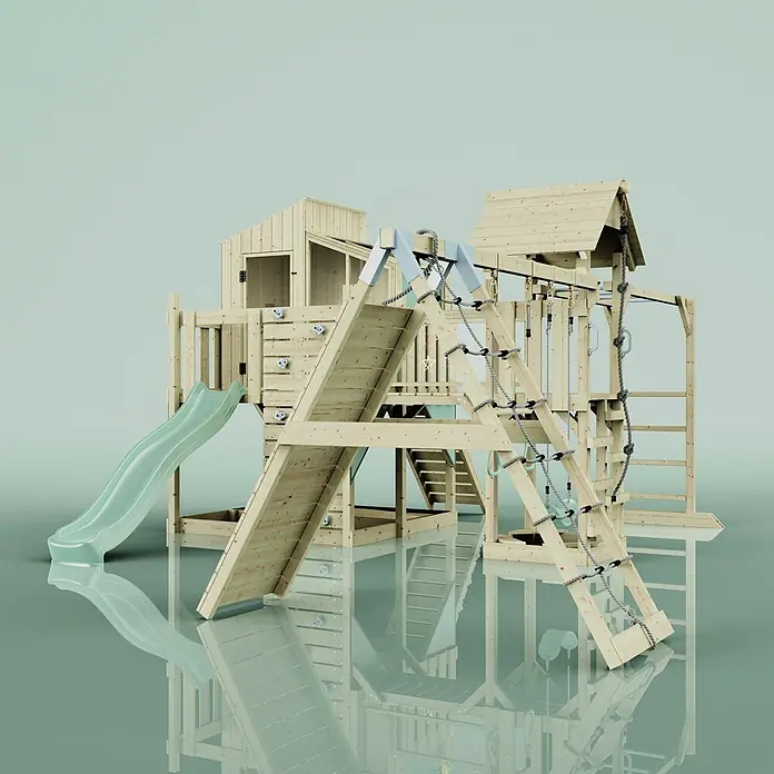 OutdoorToys Kinderspielturm Gustav Trapezschaukel; - Holz, Grün - Großes Holzspielhaus mit grüner Rutsche, Kletterwand und Strickleiter für den Spielplatz.