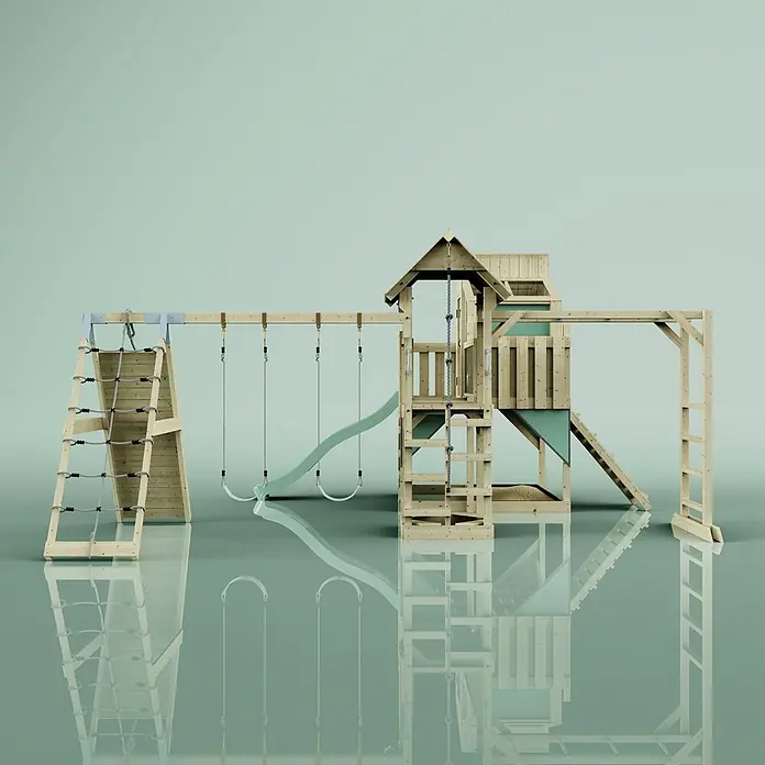 OutdoorToys Kinderspielturm Polarplay Gustav - L x B x H: 562 x 503 x 291 cm, Grün - Multifunktionales Holzspielhaus mit hellgrüner Rutsche, Schaukeln, Kletternetz und Spielturm.