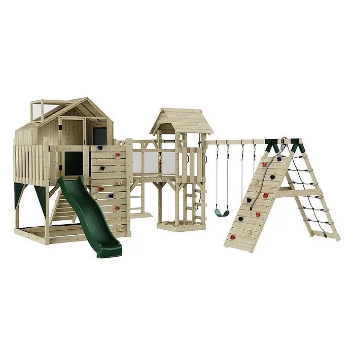 OutdoorToys Kinderspielturm Polarplay Milo - L x B x H: 562 x 503 x 291 cm, Blau - Großes Holz-Spielset mit grüner Rutsche, Kletterwand, Schaukeln, Seil- und Netzleiter sowie Spielhäusern.