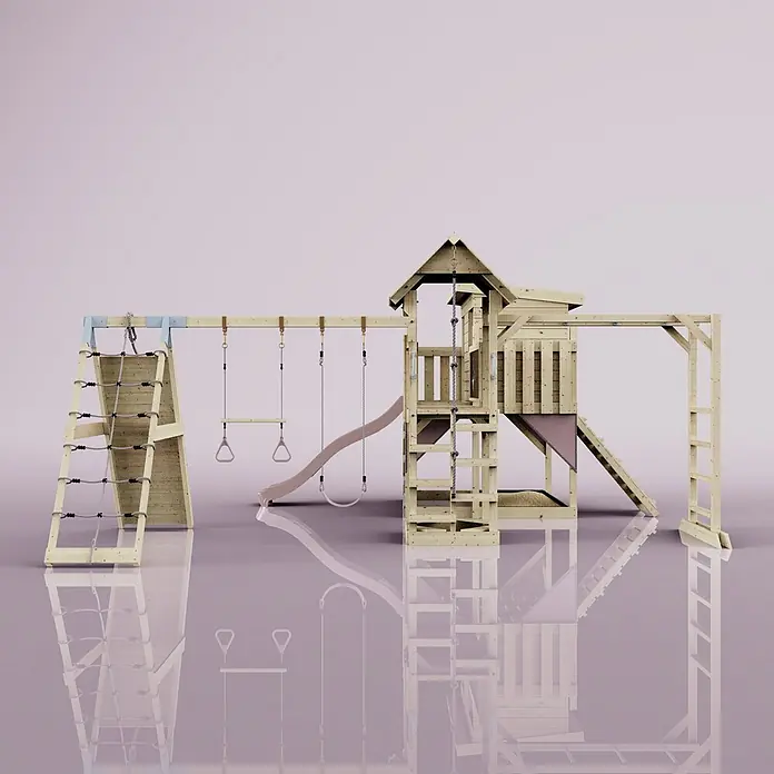 OutdoorToys Kinderspielturm Polarplay Malin - L x B x H: 562 x 503 x 274 cm, Rosa - Hölzernes Outdoor-Spielset mit Kletternetz, Rutsche, Schaukeln und Spielhaus, in Naturholz, Hellblau und Rosa.