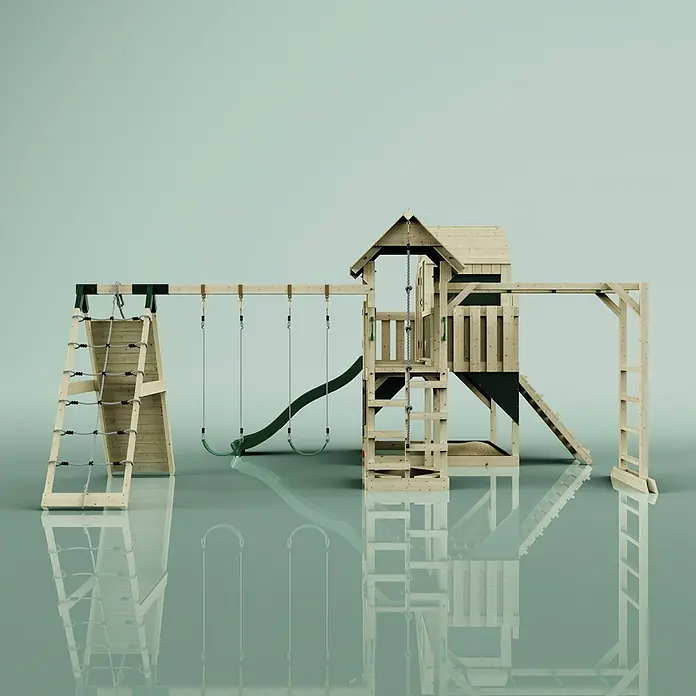 OutdoorToys Kinderspielturm Polarplay Milo - L x B x H: 562 x 503 x 291 cm, Blau - Holz-Spielplatz mit grüner Rutsche, Schaukeln, Kletternetz und Seil. Mit mehrstöckigem Spielhaus.