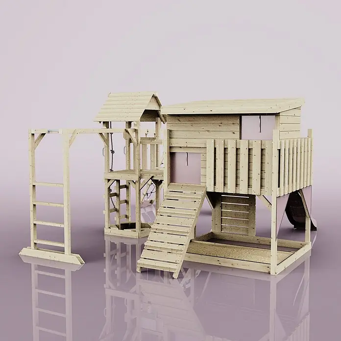OutdoorToys Kinderspielturm Polarplay Malin - L x B x H: 562 x 503 x 274 cm, Rosa - Hölzerner Spielturm mit Spielhaus, Rutsche, Leiter und Sandkastenbereich.