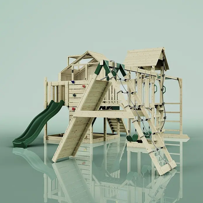 OutdoorToys Kinderspielturm Polarplay Milo - L x B x H: 562 x 503 x 291 cm, Blau - Hölzernes Kinderspielgerät mit grüner Rutsche, Kletterwand und Seilelementen.