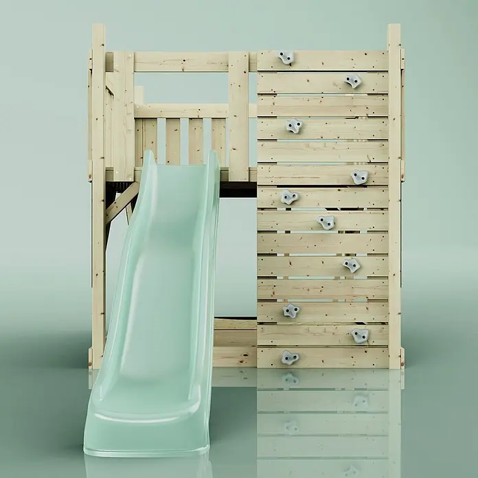 OutdoorToys Kinderspielturm Plattform Sternenhimmel - L x B x H: 415 x 191 x 205 cm, Grün - Hölzernes Hochbett-Zubehör mit hellgrüner Rutsche und Kletterwand mit weißen Griffen.