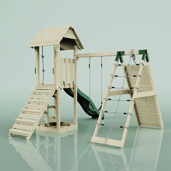 OutdoorToys Kinderspielturm Trondheim - L x B x H: 293 x 357 x 273 cm, Grün - Hölzerner Kinderspielplatz mit Turm, grüner Rutsche, Schaukeln und Kletternetz.