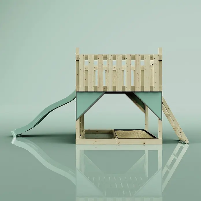 OutdoorToys Kinderspielturm Plattform Sternenhimmel - L x B x H: 415 x 191 x 205 cm, Grün - Hölzernes Kinderspielhaus mit grüner Rutsche und integriertem Sandkasten.