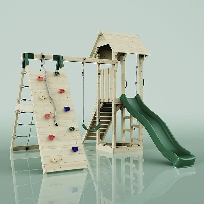 OutdoorToys Kinderspielturm Trondheim - L x B x H: 293 x 357 x 273 cm, Grün - Hölzernes Kinderspielgerät mit grüner Rutsche, Kletterwand mit bunten Griffen, Netzleiter und zwei Schaukeln.