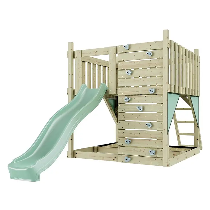 OutdoorToys Kinderspielturm Plattform Sternenhimmel - L x B x H: 415 x 191 x 205 cm, Grün - Holzspielplatz mit grüner Rutsche, Kletterwand mit grauen Griffen und erhöhtem Turm.