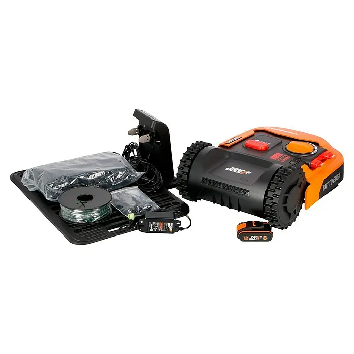 Worx PowerShare 20V Robot cortacésped Landroid M500 - 500 m², Ancho de corte: 18 cm, Navegación por inducción, Cable de antena - Un juego de robot cortacésped Worx Landroid que incluye estación de carga, batería, cable perimetral y estacas.