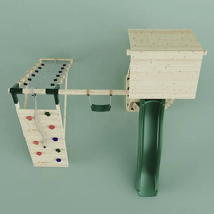 OutdoorToys Kinderspielturm Trondheim - L x B x H: 293 x 357 x 273 cm, Grün - Hölzernes Kinderspielset mit Spielhaus, grüner Rutsche, Kletterwand mit bunten Griffen, Kletternetz und Schaukel.
