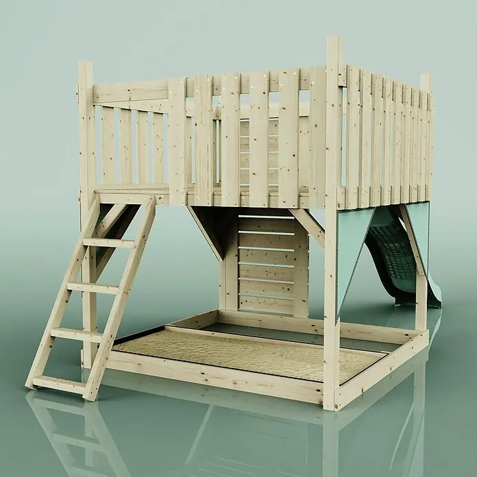 OutdoorToys Kinderspielturm Plattform Sternenhimmel - L x B x H: 415 x 191 x 205 cm, Grün - Spielturm aus Naturholz mit erhöhter Plattform, Leiter, Sandkasten und einer Wellenrutsche.